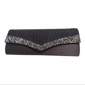 Black Pleated Ruffled Rhinestone & Black Stone  Embellishments Evening Clutch